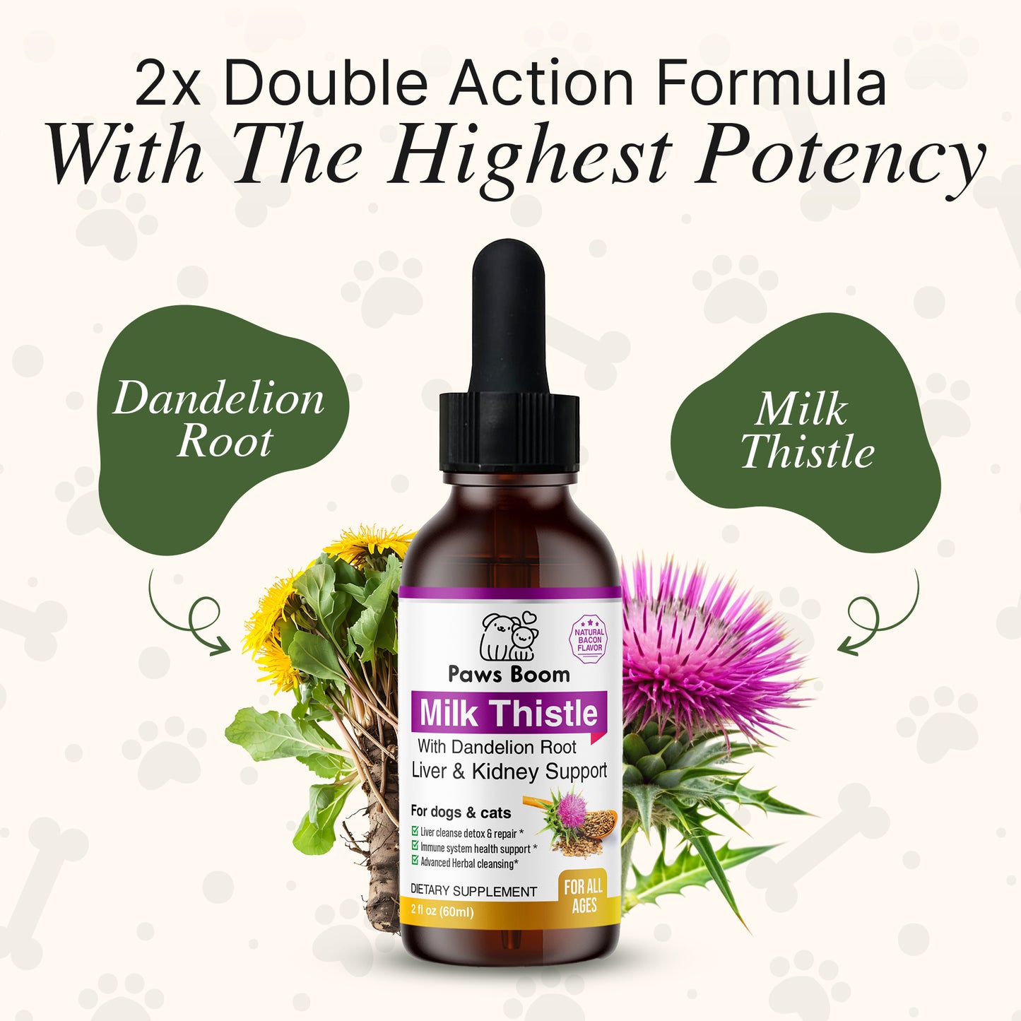Milk Thistle for Dogs and Cats | Liver Cleanse Detox & Repair with Dandelion Root | Kidney Support Supplement| Herbal Remedy | Denamarin for Dogs| Natural Liquid Vitamins| Bacon Flavor | 2 oz (60 ml)