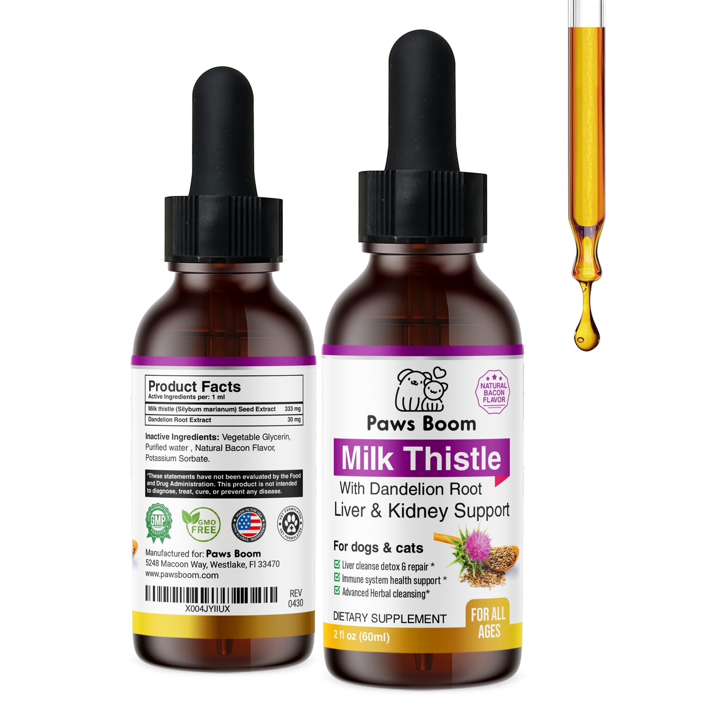 Milk Thistle for Dogs and Cats | Liver Cleanse Detox & Repair with Dandelion Root | Kidney Support Supplement| Herbal Remedy | Denamarin for Dogs| Natural Liquid Vitamins| Bacon Flavor | 2 oz (60 ml)